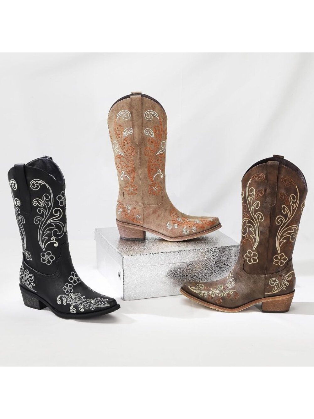 Women's Light Brown Cowgirl Boots Pointed Toe Chunky Heels Country Western Boots - Picture 7 of 7